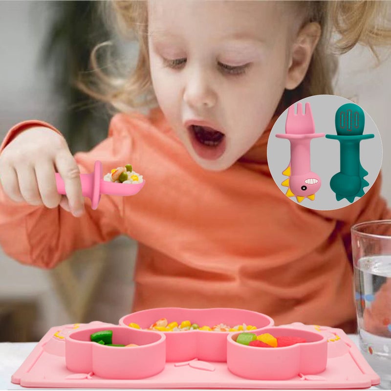 NICINGU 3Pcs Toddler Silicone Dinosaur Placemat Spoon and Fork Set,Divided Plate Dish for Baby Kids Infant Self Feeding Training，Non-Suction BPA Free Microwave Dishwasher Safe-Pink Dinosaur - Image 4